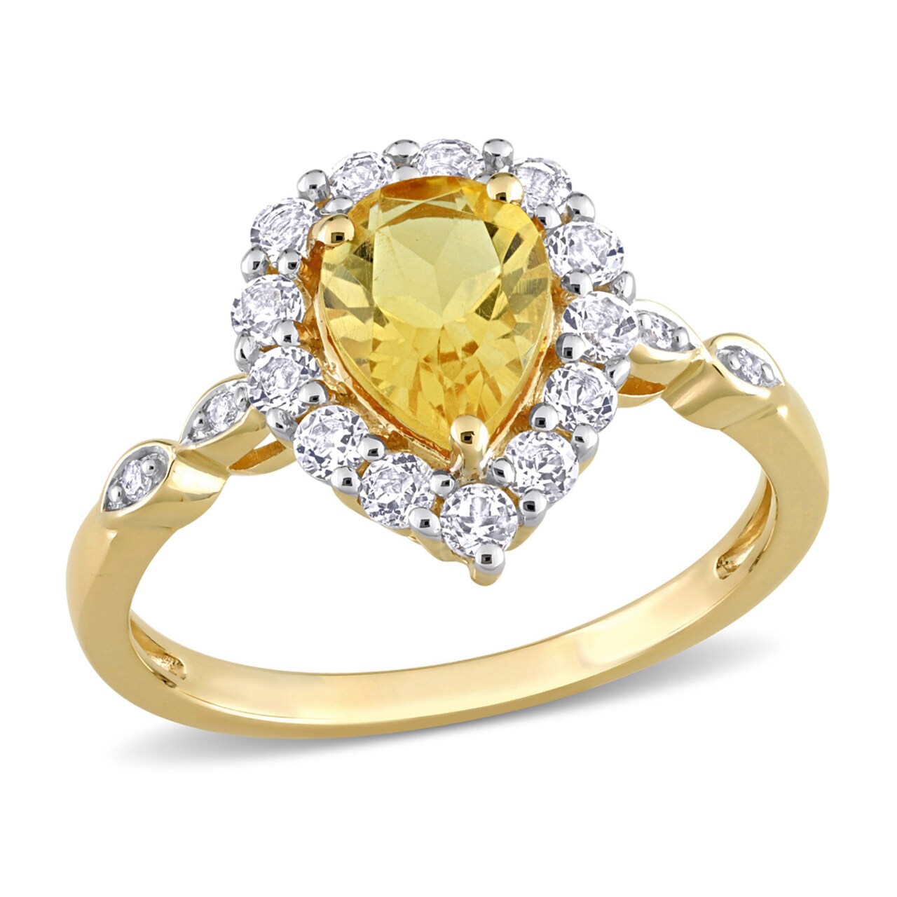 Gem And Harmony 1.58 Carat (ctw) Citrine Pear and White Topaz Halo Ring in 10K Yellow Gold